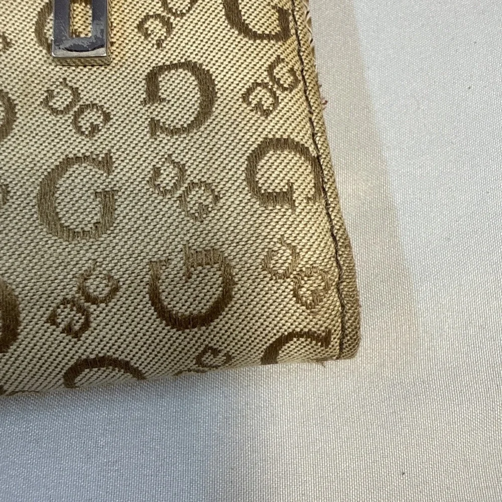 Vintage Y2K GUESS Trifold Clutch Wallet Beige Monogram Canvas Faux Snake Trim
